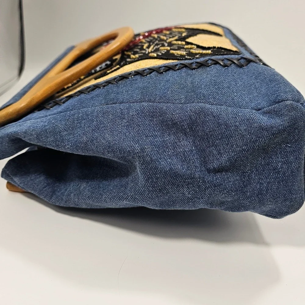 Vintage Denim Scottie Dog Tapestry Handbag Wooden Handle Beaded Terrier Bag